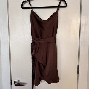Satin Wrap Tie Sleeveless Dress in Brown - Altar'd State